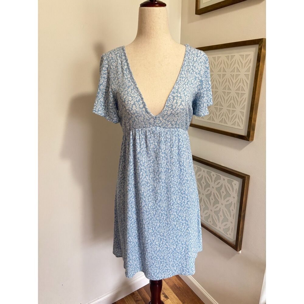 Blue Floral Babydoll Mini Dress S Made in USA Boho Cottagecore Romantic Boho 90s